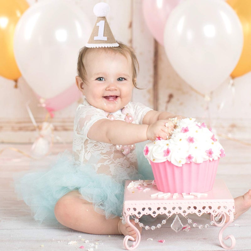 BOOMPA 1st Birthday Decorations - First Birthday Headband, White Hat - Baby Angel Cake Smash Photo Booth Props and Backdrop (White-1) - Image 2